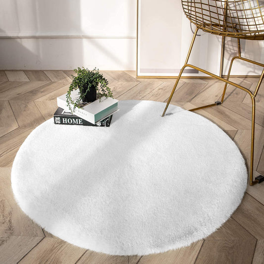 Ultra Soft round Faux Fur Area Rug for Bedroom 3X3 Fluffy Plush Circle Rug Shaggy Circular Rug Floor Carpet Mat for Teens Girls Baby Nursery Room,Dorm, White